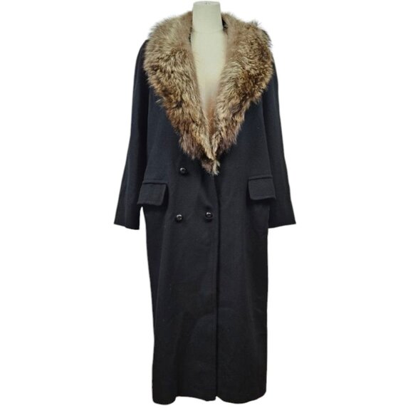 Vintage Fashions by Jill Wool Trench‎ Coat Fur Trim Women's Sz 14 Black Worumbo - Picture 1 of 14